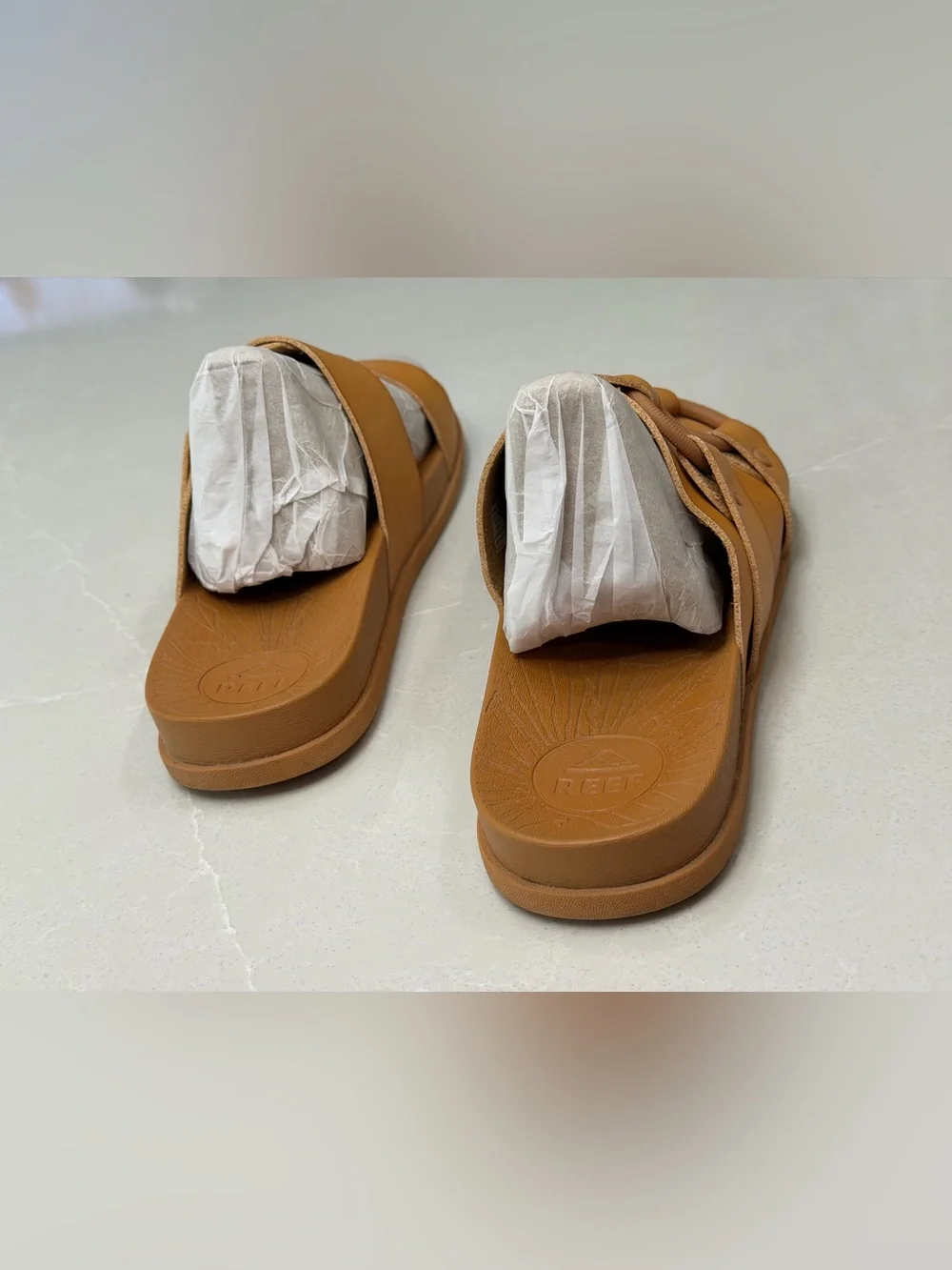 REEF Cushion Vera Cruz Tan Slide Sandals Size 9 Bohemian Chunky Buckle Vegan
